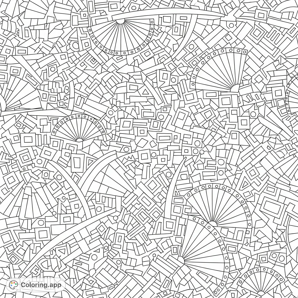 Discover a complex abstract pattern coloring page featuring an intricate mosaic of geometric shapes and curved bands, perfect for detailed coloring and focus.
