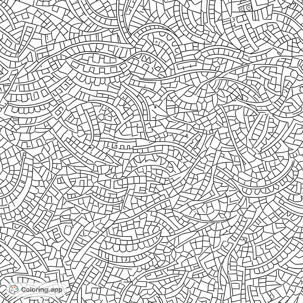 Unleash your creativity with this complex abstract mosaic coloring page, featuring a dense arrangement of geometric shapes and intricate patterns for a challenging artistic escape.