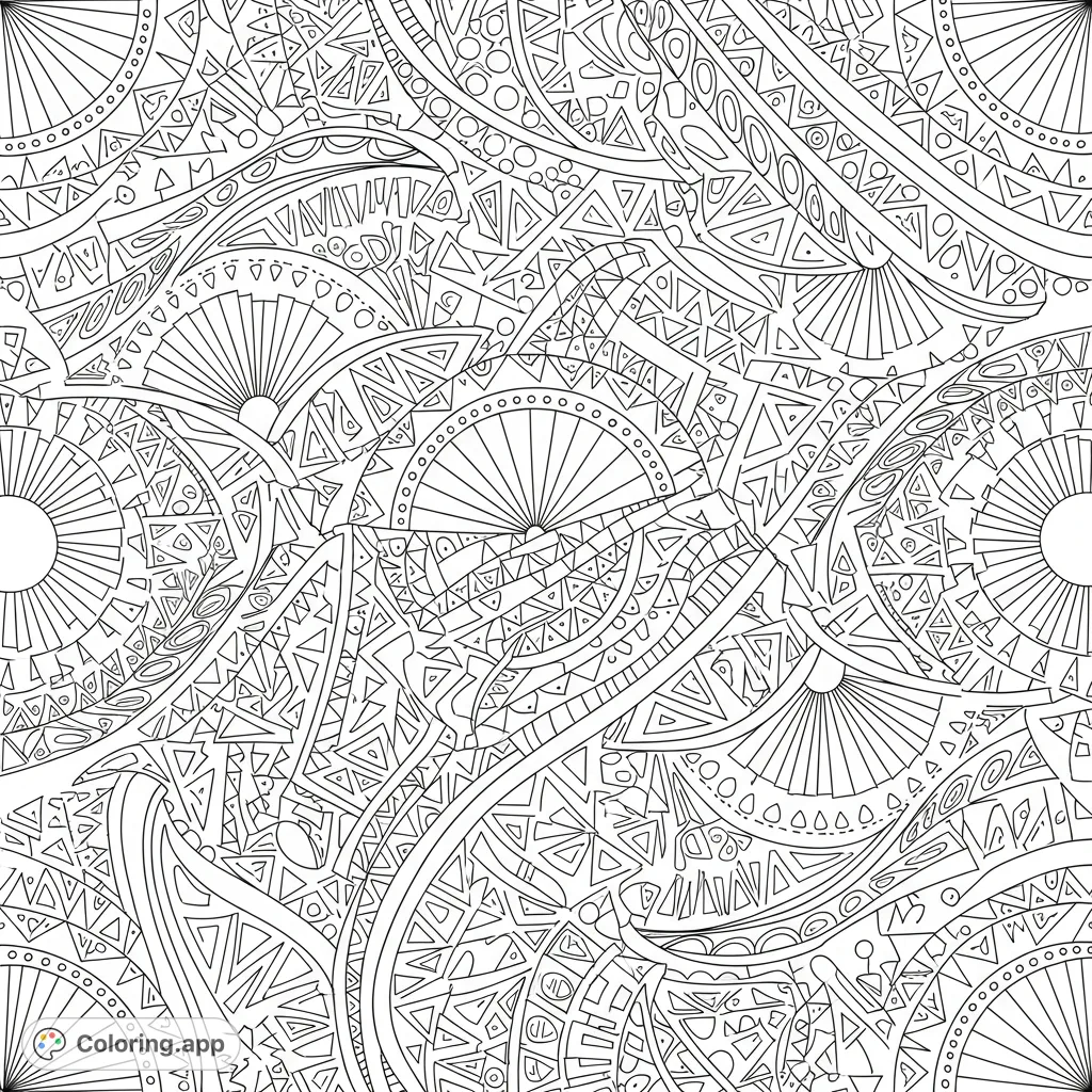 Explore a complex abstract geometric pattern featuring interlocking shapes, fan motifs, and dynamic curved bands. A challenging design for focused coloring.