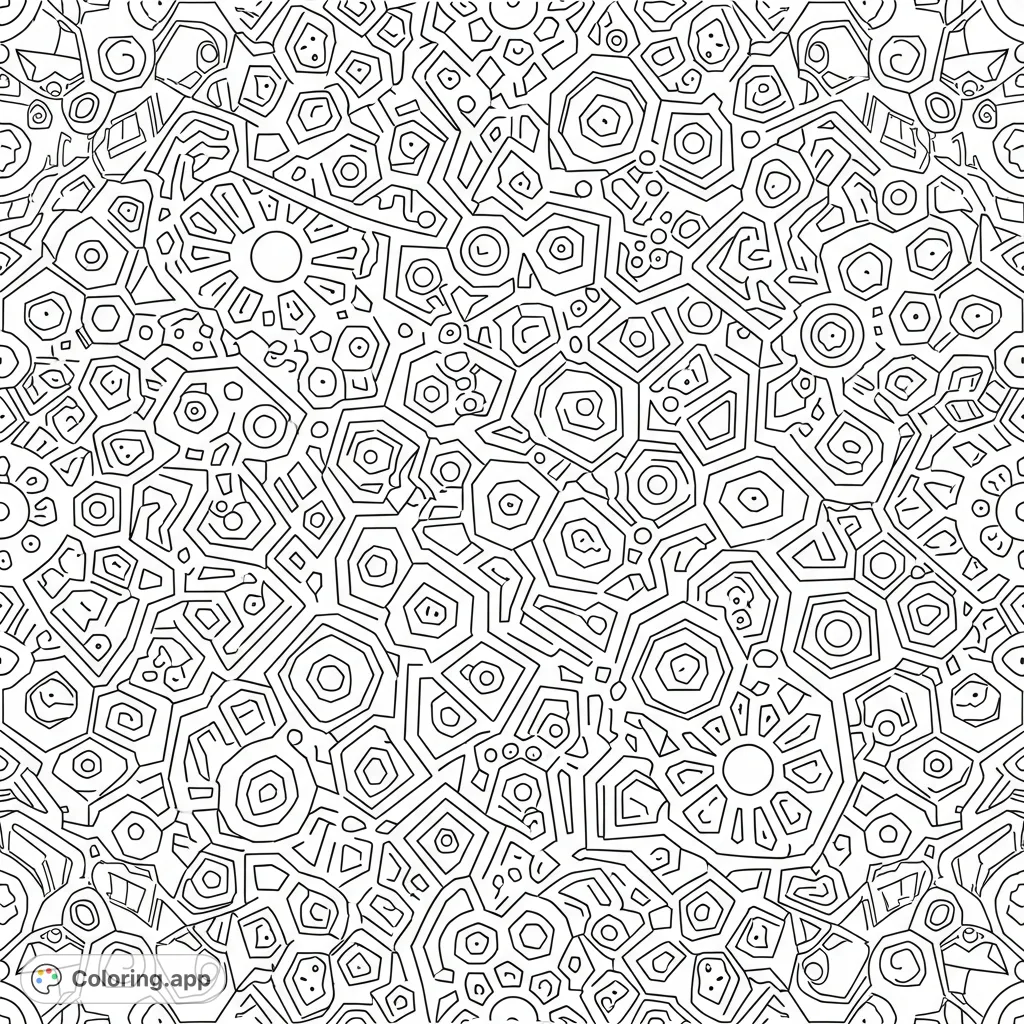 Dive into a complex, continuous geometric pattern for a challenging coloring experience. Interlocking shapes and nested forms fill the entire page with bold graphic lines.