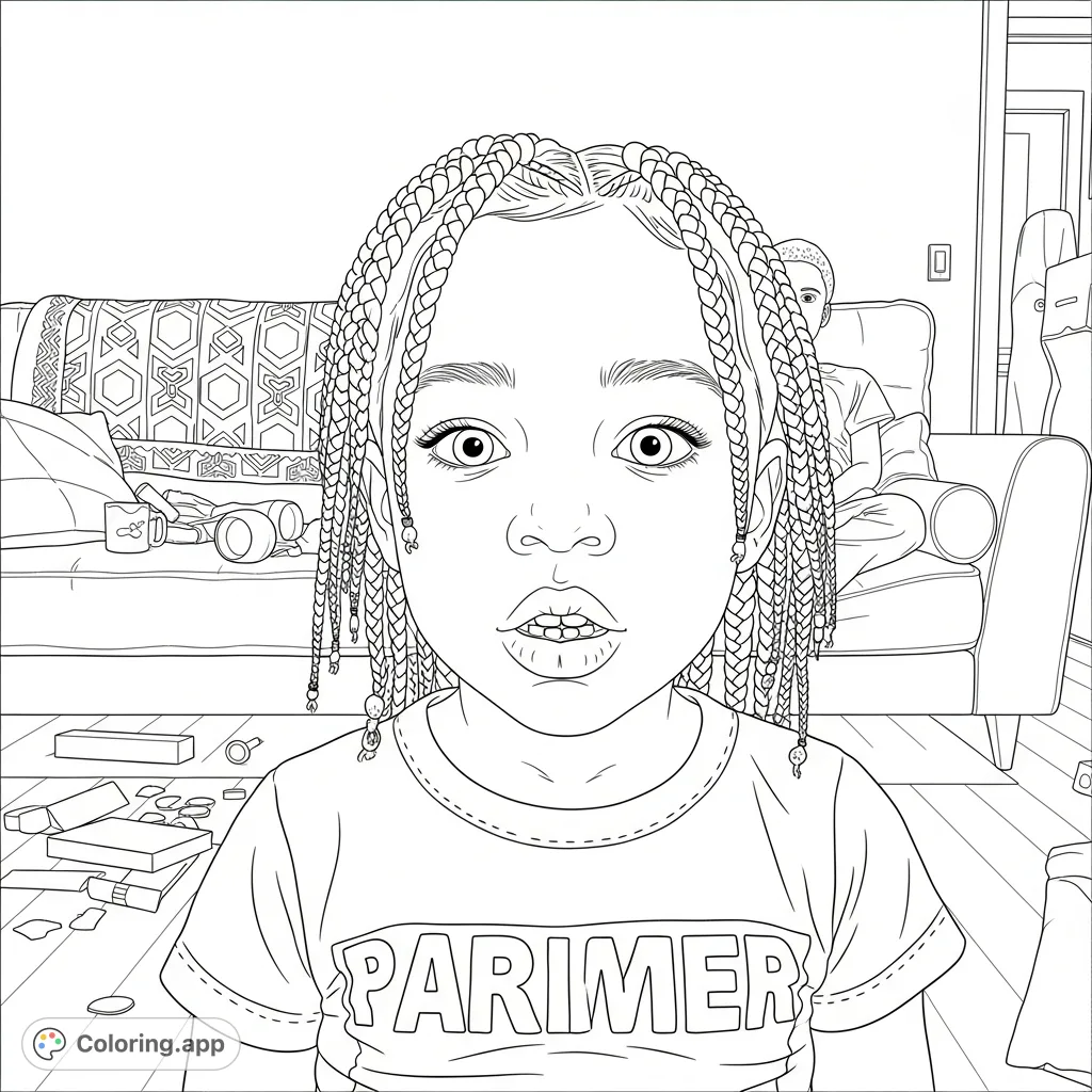 A delightful child portrait featuring intricate braids, a curious expression, and a t-shirt with text, set against a cozy patterned sofa. Perfect for all ages.