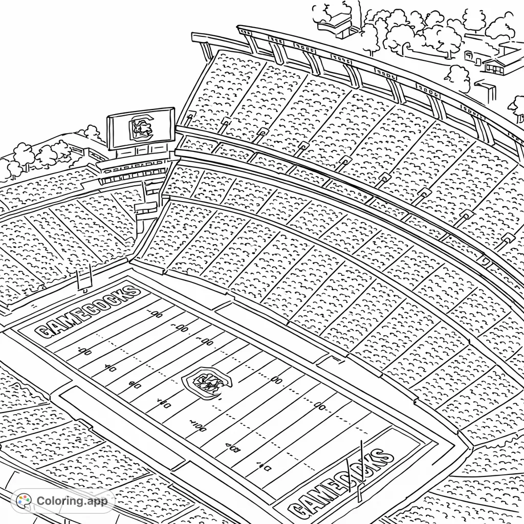 Experience the excitement of a packed football stadium from above. This detailed coloring page features a vast field, tiered seating, and architectural elements.