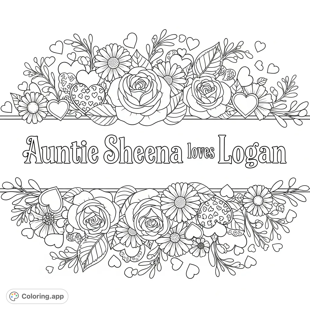 A heartfelt "Auntie Sheena loves Logan" message surrounded by beautiful flowers and charming hearts. Perfect for personalized gifts!