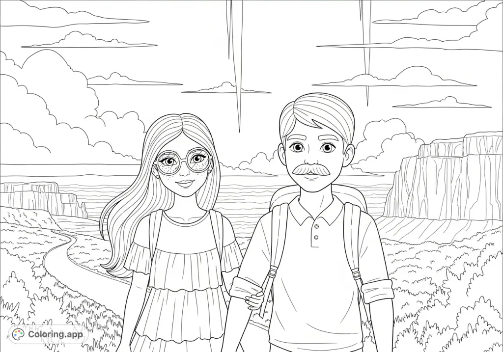 A charming scene of a girl and boy on a romantic hiking date in a national park, featuring a dramatic sunset sky. Perfect for couples or nature lovers.