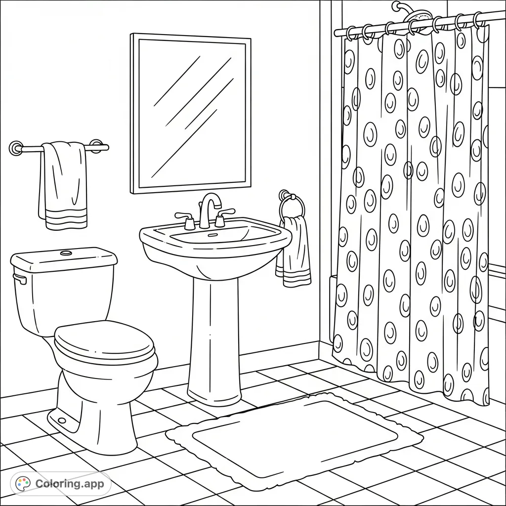 A charming and simple bathroom scene featuring a toilet, sink, mirror, and soft textures. Perfect for relaxation and creative coloring fun.