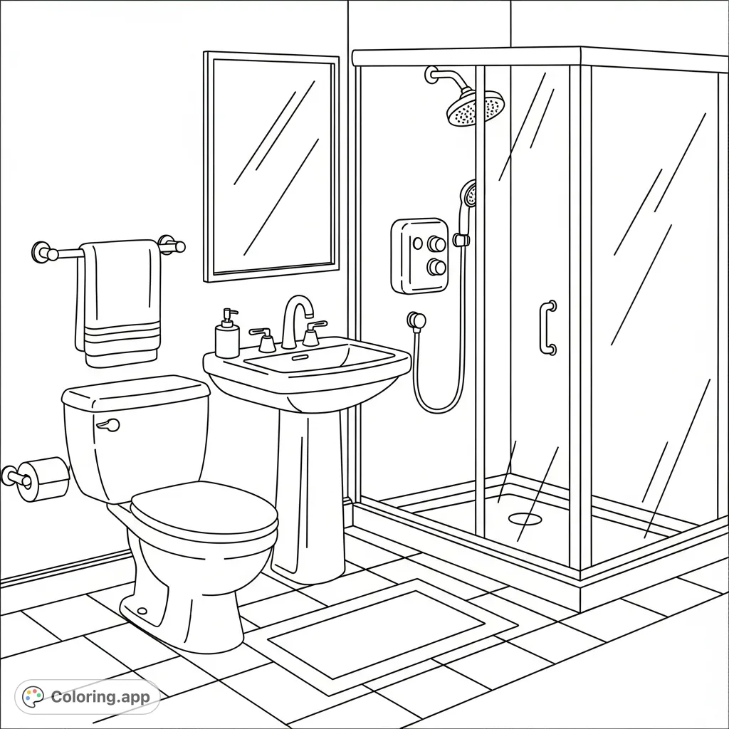 Explore this simple bathroom coloring page featuring a toilet, sink, mirror, and shower stall. Perfect for all ages to color and relax.