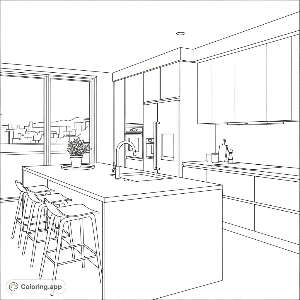 Explore a contemporary kitchen with minimalist design, a large island, sleek appliances, and urban views. Perfect for architecture and home decor enthusiasts.