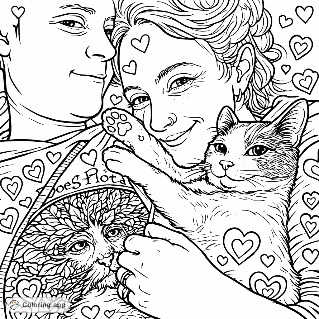 A heartwarming coloring page featuring a cozy couple embracing their feline companion in a tender cuddle, perfect for pet lovers. Add decorative hearts!