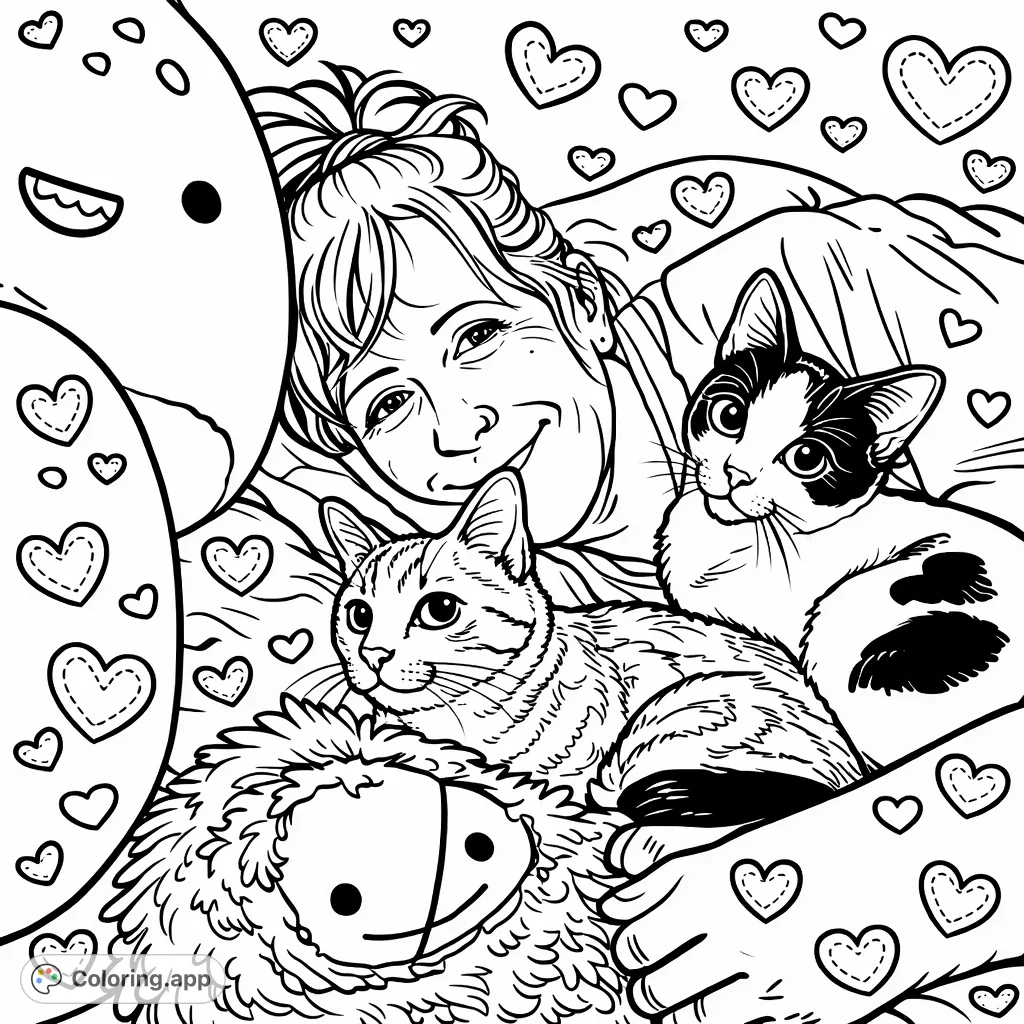 A heartwarming scene of a person snuggling with two adorable cats and fluffy stuffed animals. A cozy moment perfect for relaxing creativity.