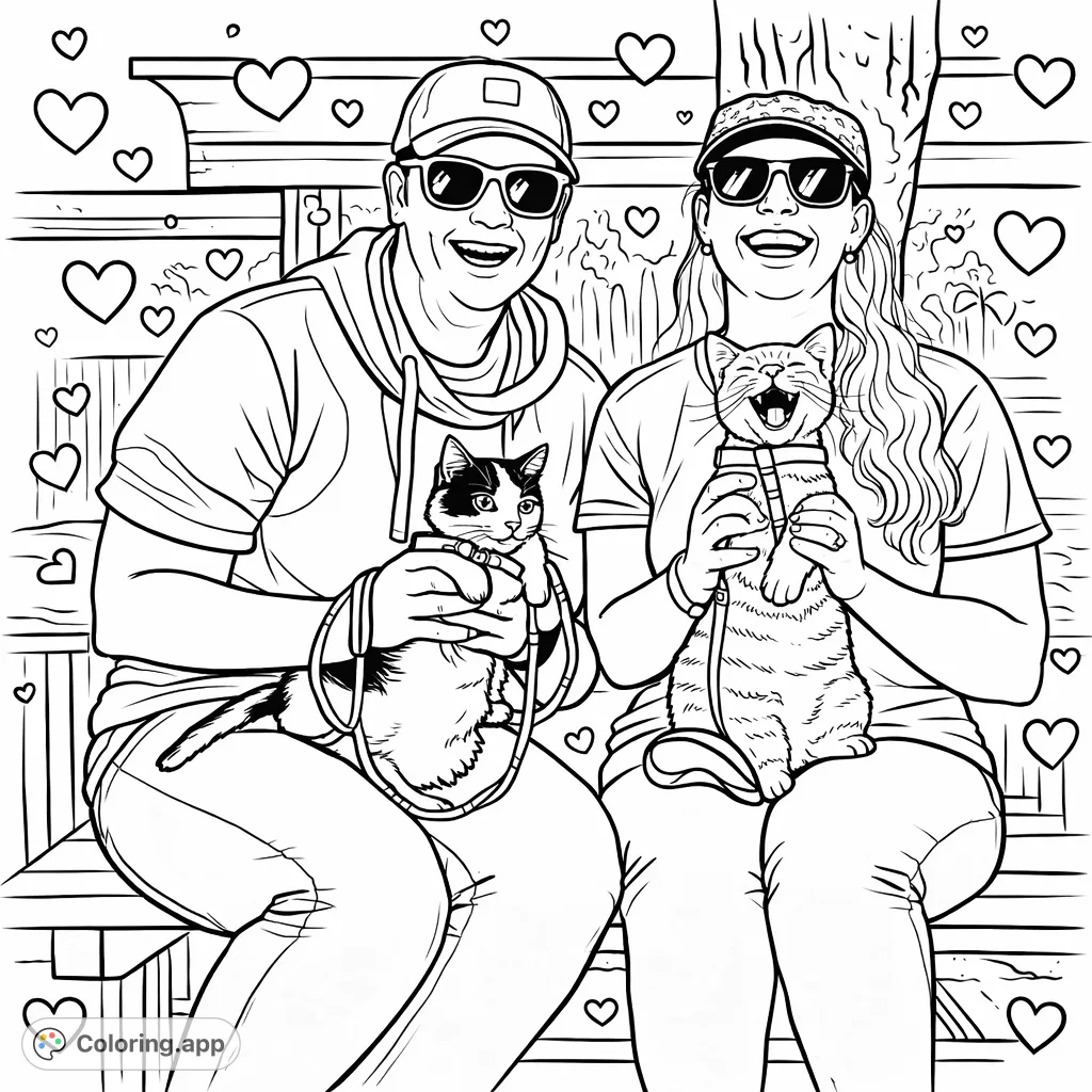 A cheerful scene of two friends happily holding their adorable kittens on a rustic bench, perfect for pet lovers. Features decorative heart patterns for a charming touch.