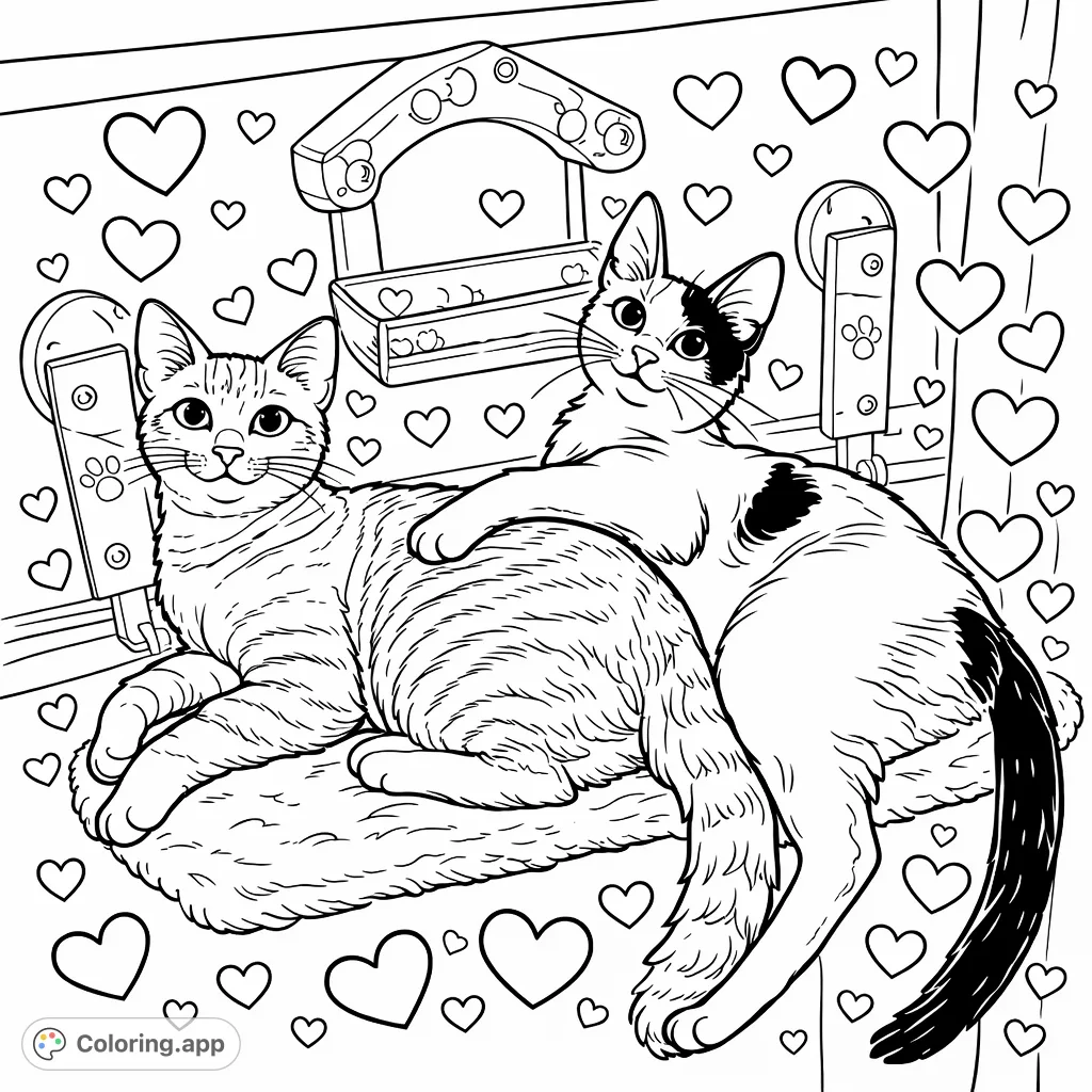 A heartwarming cat cuddles coloring page with two adorable felines on a window perch, perfect for animal lovers! Features a cartoony style with heart patterns.