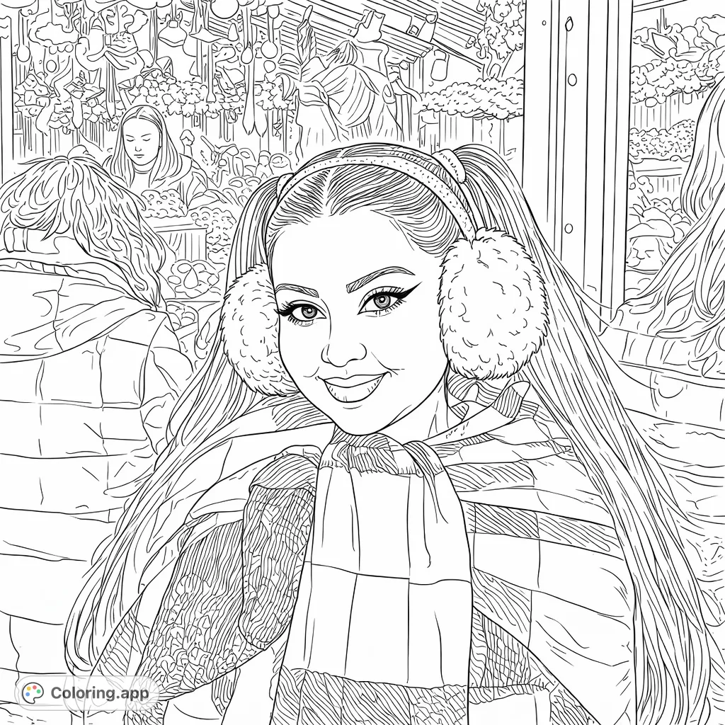 A delightful coloring page featuring a young woman in earmuffs and a plaid scarf, set against a festive market background with intricate decorations.