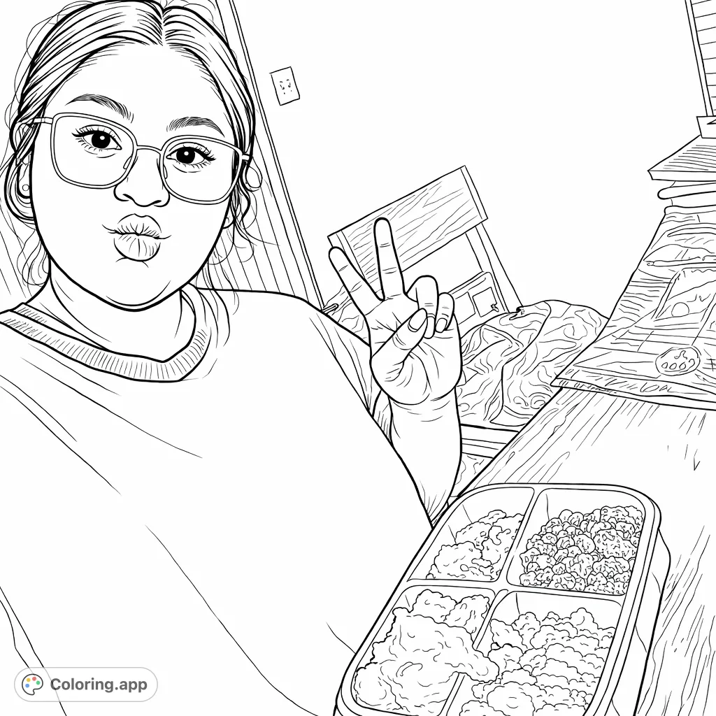 A playful individual striking a peace sign and a kissy face while enjoying a compartmented meal at a table. A fun, relatable scene for daily life.