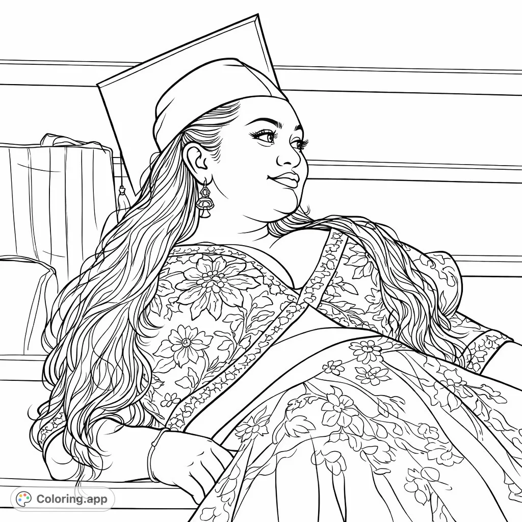 Capture the joy of achievement with this elegant graduate coloring page. Features a beautifully adorned figure in a graduation cap with intricate floral patterns.