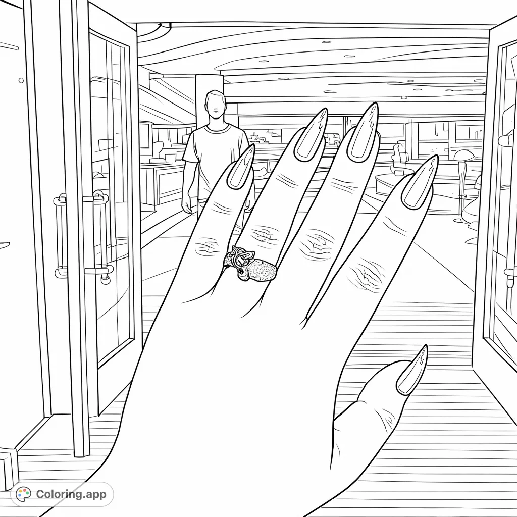 An elegant hand featuring pointed nails and intricate rings, set against a stylish, softly blurred architectural background. Perfect for fashion enthusiasts.