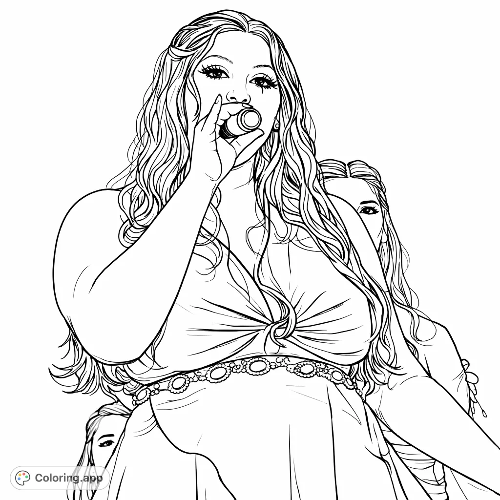 Capture the emotion of a powerful vocal performance! This detailed coloring page features a singer on stage, holding a microphone, ready for your artistic touch.