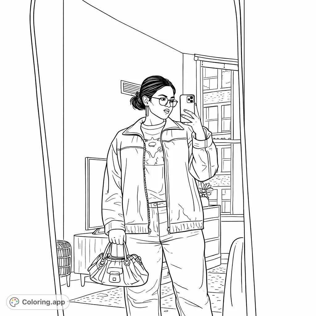 A stylish person taking a mirror selfie, showcasing a modern outfit with a jacket, patterned sweater, jeans, and a handbag, set against an urban backdrop.