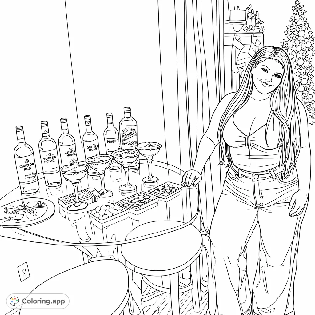 Celebrate with this festive scene featuring a smiling woman beside a glass table laden with drink bottles, fancy glasses, and a tray of sweet toppings. Perfect for joyful moments.