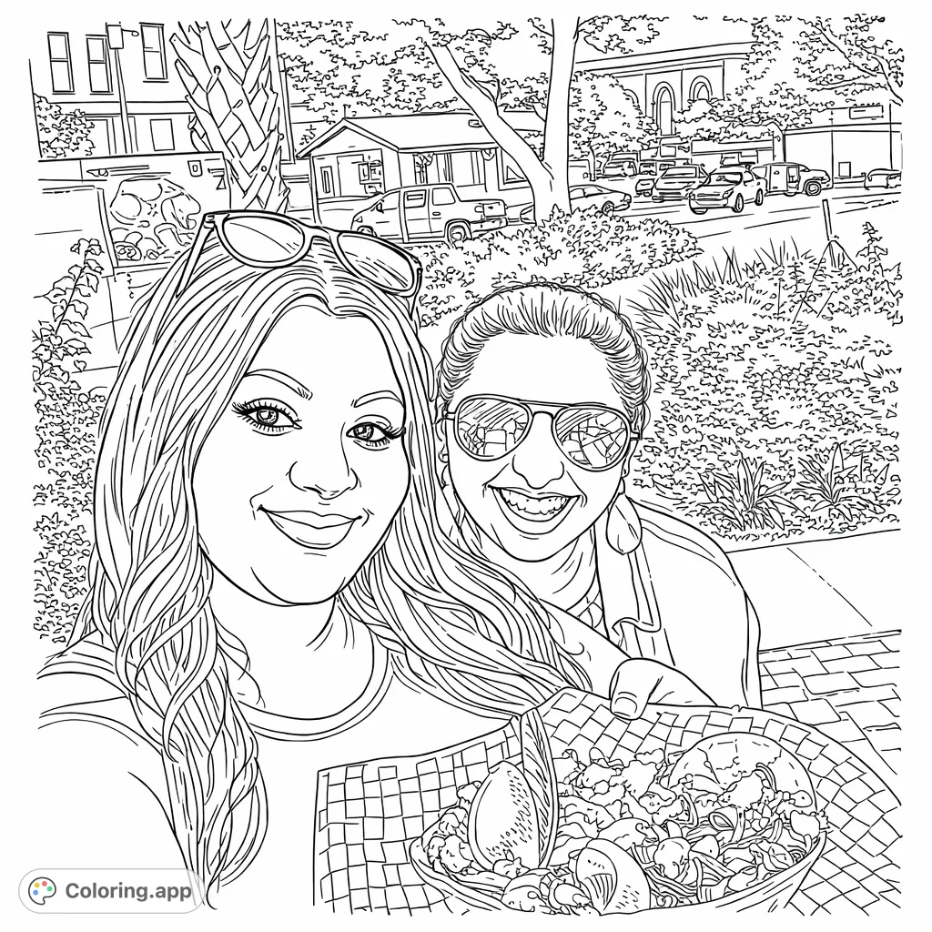 Two friends enjoying a delicious taco outdoors, with an urban background. A fun, detailed scene perfect for coloring enthusiasts!