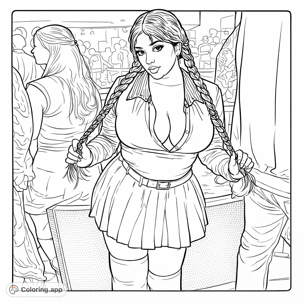 A striking gothic fashion portrait featuring a person with long braids, dramatic makeup, and a detailed outfit, set against a blurred indoor gathering.