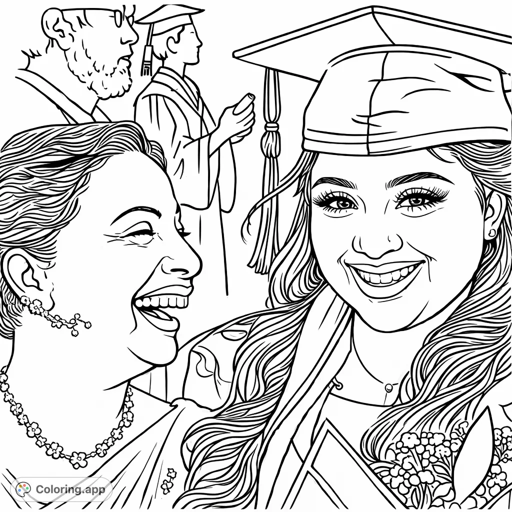 Celebrate a special milestone! This graduation coloring page captures a heartfelt moment between a graduate and a proud family member amidst a joyous ceremony.
