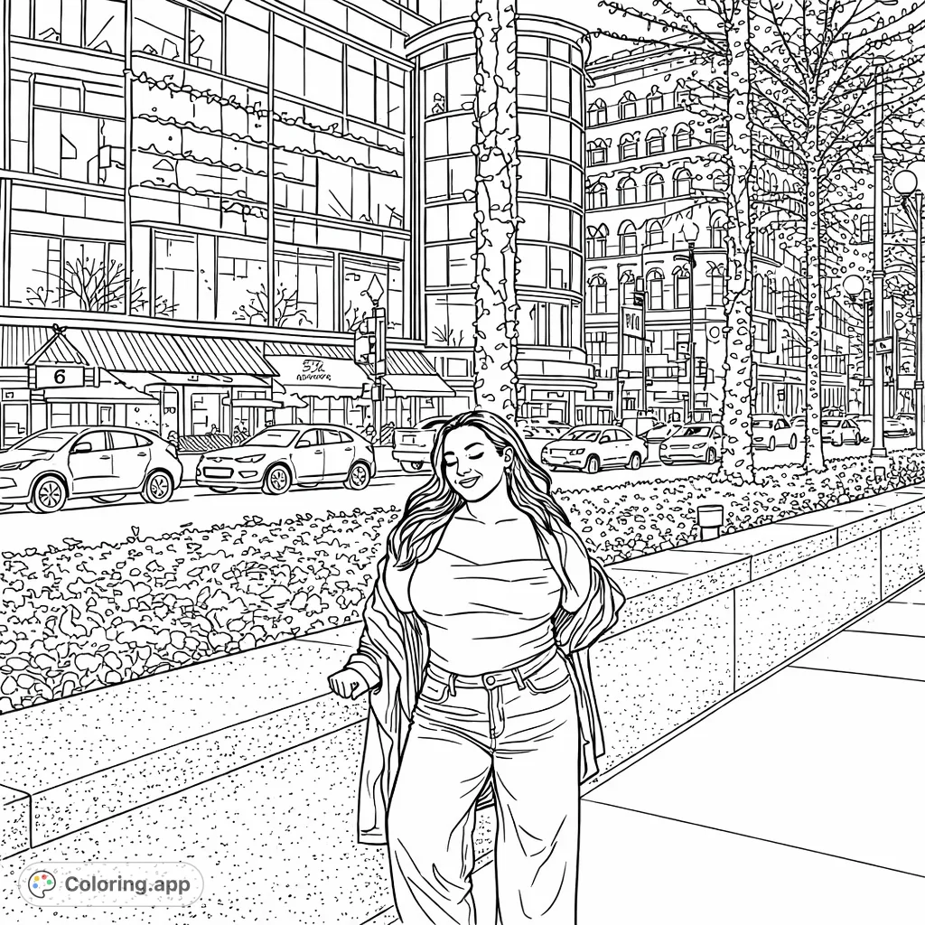 Step into a vibrant night city scene! This coloring page features a stylish individual amidst illuminated buildings and vehicles, offering a cool urban escape.