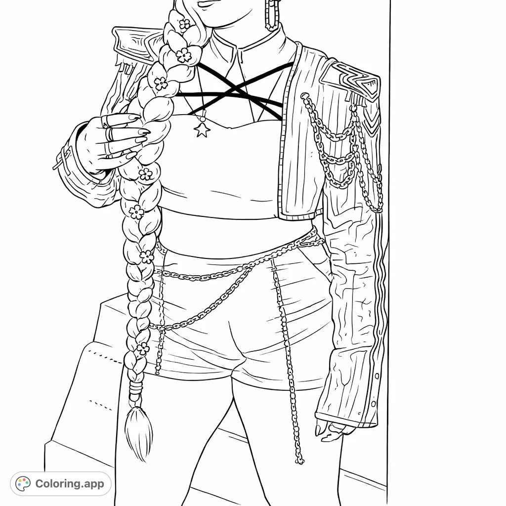 Explore a detailed fashionista with an ornate sequined jacket, intricate chains, and a long, embellished braid. A stylish coloring challenge for fashion enthusiasts.