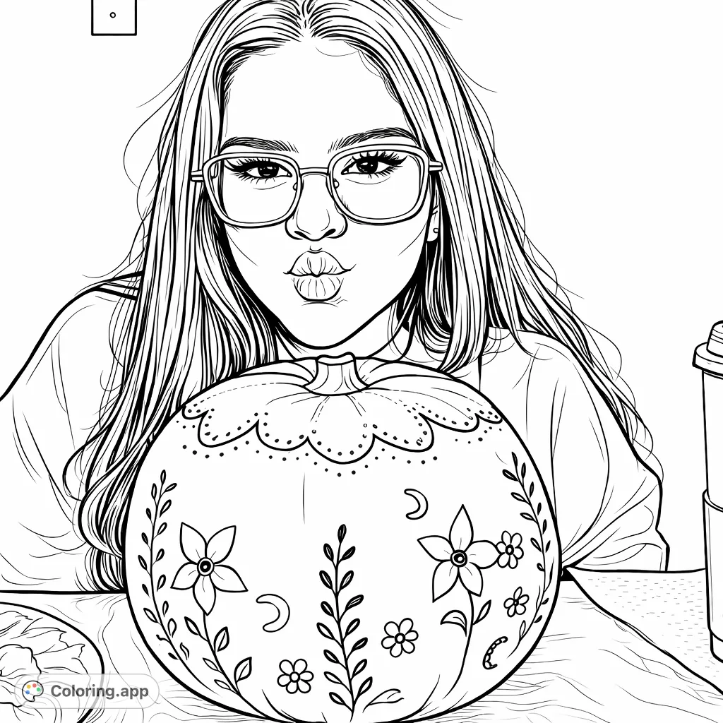A fun pumpkin decorating scene featuring a person with expressive lips and a beautifully adorned pumpkin with intricate floral and leaf patterns. Perfect for creative fall coloring.