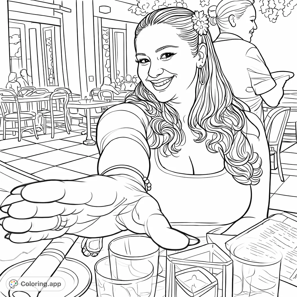 Capture the charm of a restaurant evening. This detailed coloring page features a smiling woman with an outstretched hand in a lively dining setting.