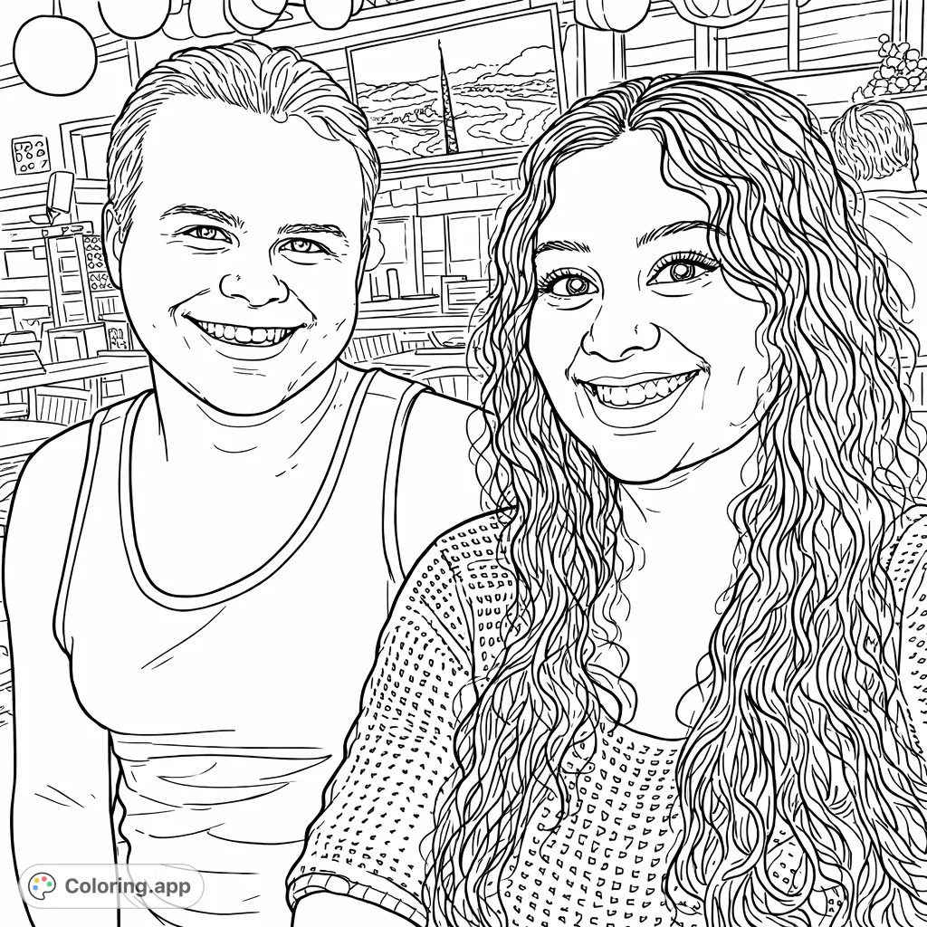 A heartwarming coloring page featuring two smiling individuals in a lively restaurant setting. Perfect for capturing happy moments and adding your unique artistic touch.