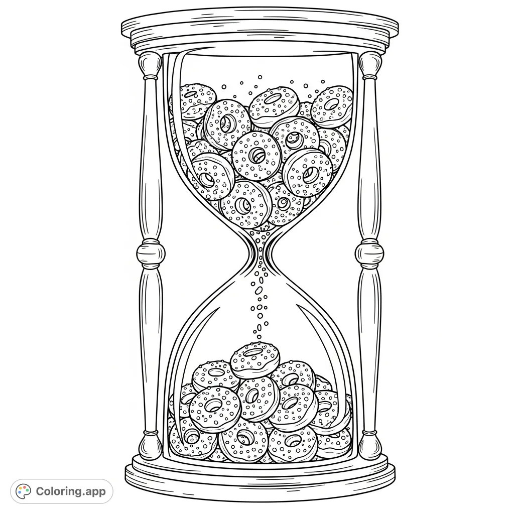 Discover a whimsical donut hourglass coloring page! Delight in an intricate design featuring tiny donuts flowing like sand, adorned with countless sprinkles.