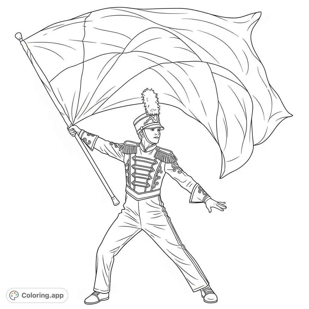 Capture the spirit of performance with this detailed color guard member in uniform, dynamically moving a flag. Perfect for expressive colorists!