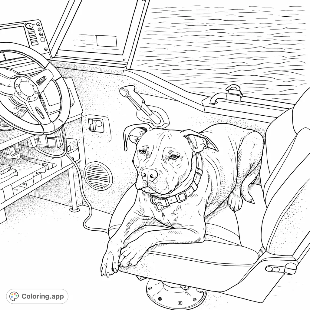 A charming dog sits proudly in a boat's captain seat, ready for adventure on the water. A fun and engaging coloring page for all ages!