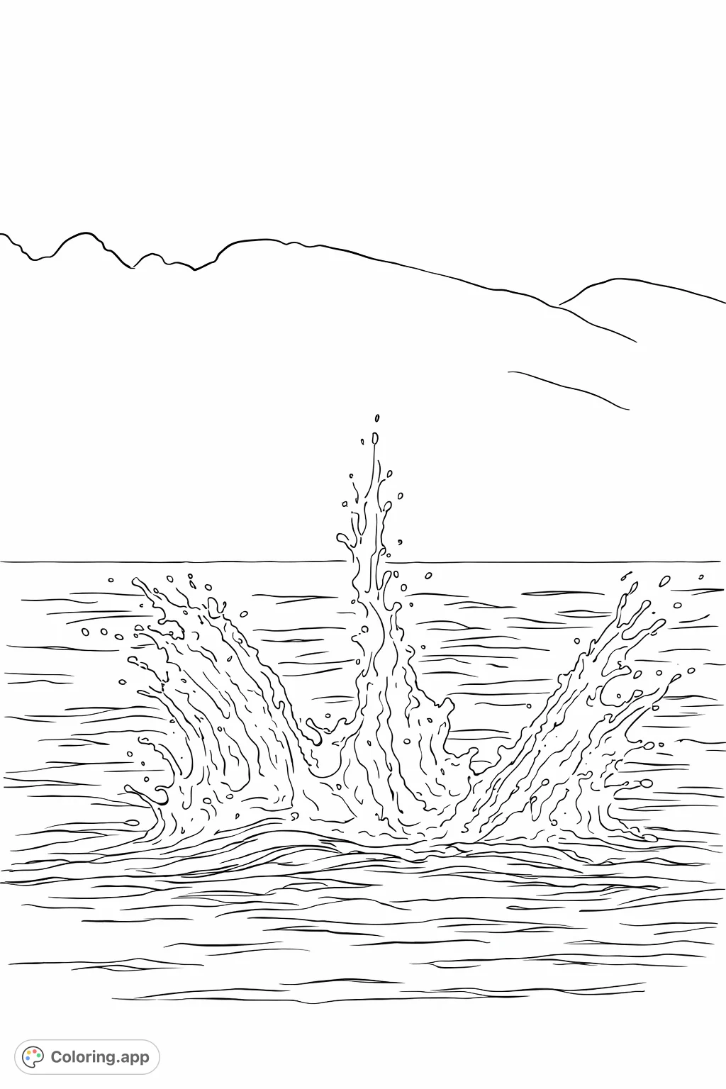 Experience the exciting energy of a grand water splash in a serene aquatic setting. A dynamic ocean splash coloring page with distant mountains for creative coloring.