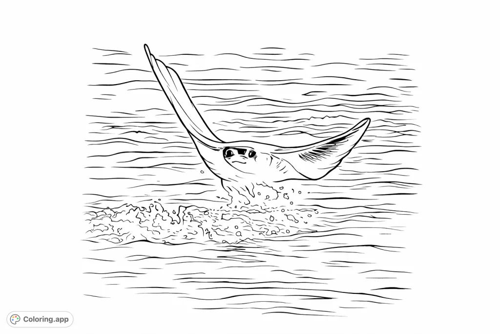 Experience the thrill of marine life with this dynamic manta ray coloring page, captured mid-leap from the ocean waves.