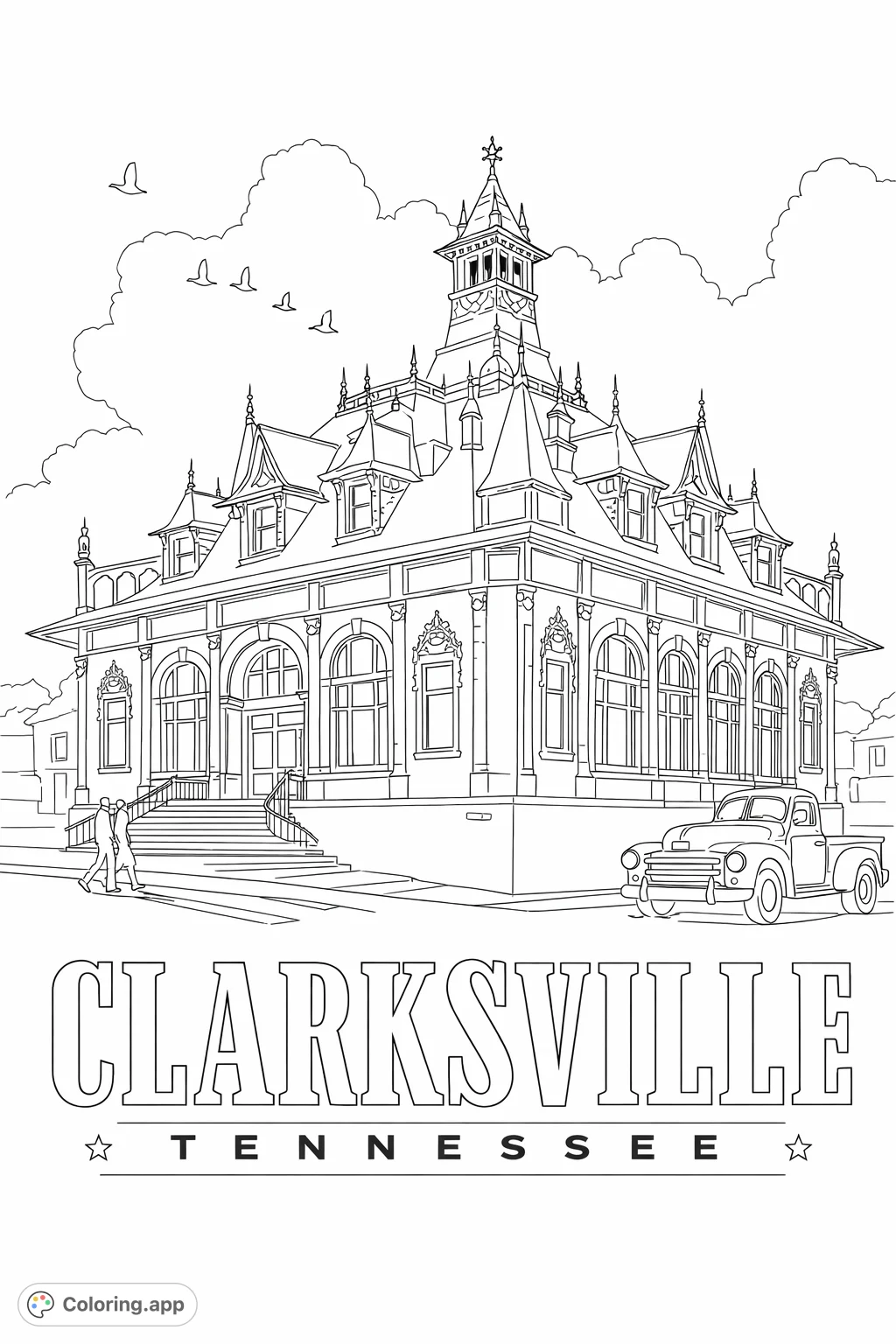 Explore a detailed Clarksville historic building scene with a vintage truck and strolling figures. A free printable architectural coloring page for all ages.