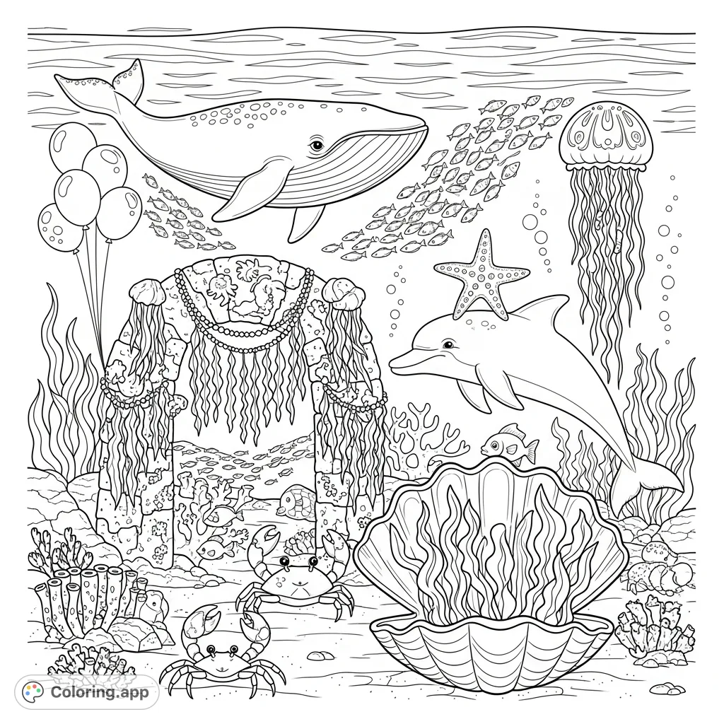 Dive into an enchanting undersea celebration featuring a majestic whale, playful dolphin, dancing fish, and a festive coral reef. A delightful free printable sea creature coloring page.