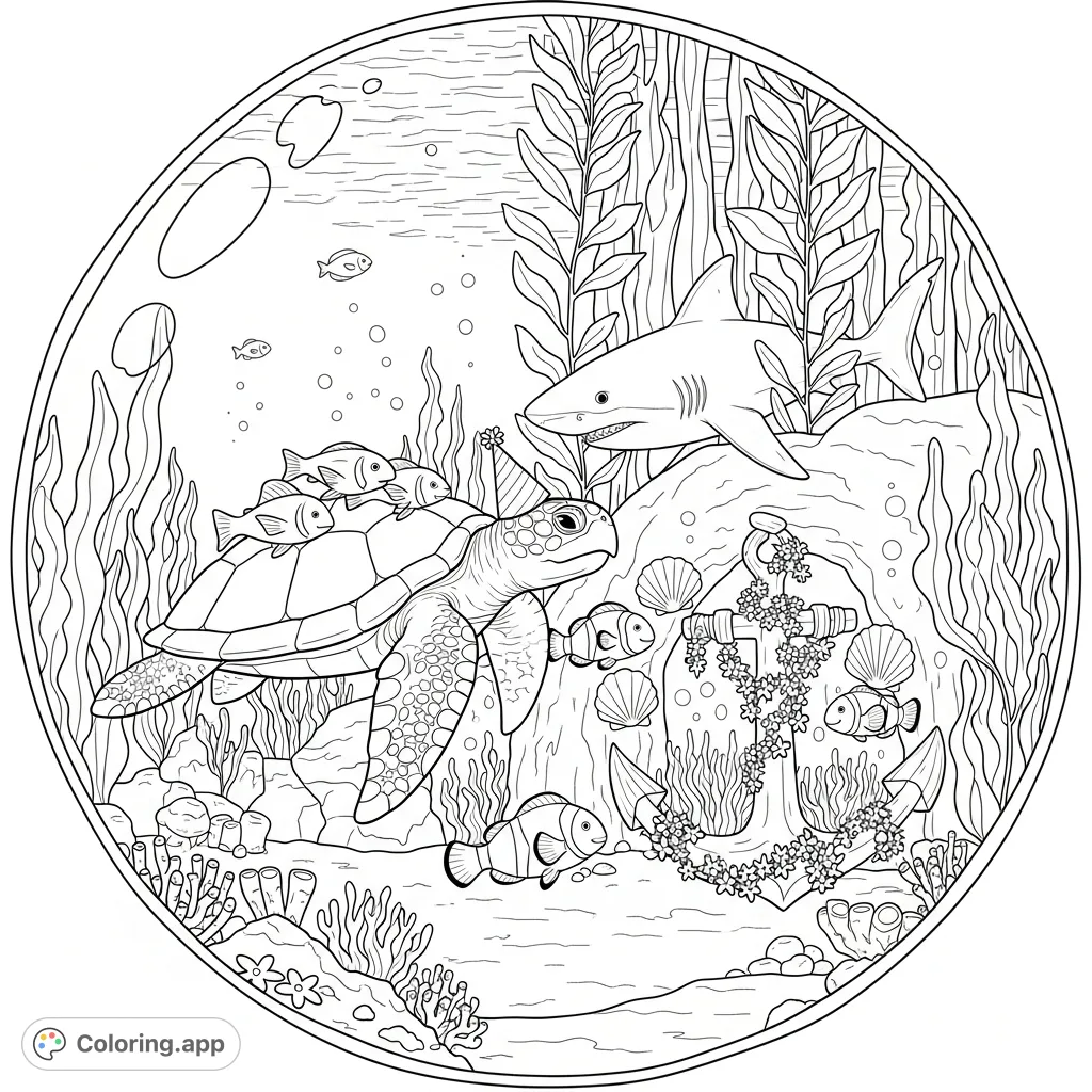 Dive into a vibrant underwater fiesta! Color a colossal sea turtle, an inquisitive shark, and clownfish decorating a grotto amidst kelp and glowing algae.