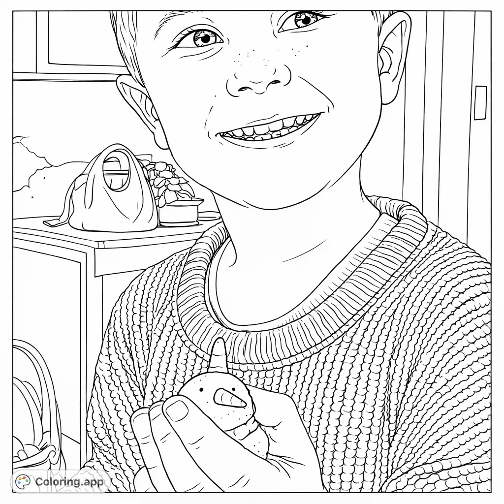 Capture the heartwarming moment of a smiling child proudly holding a miniature crafted item. A delightful coloring page perfect for all ages!
