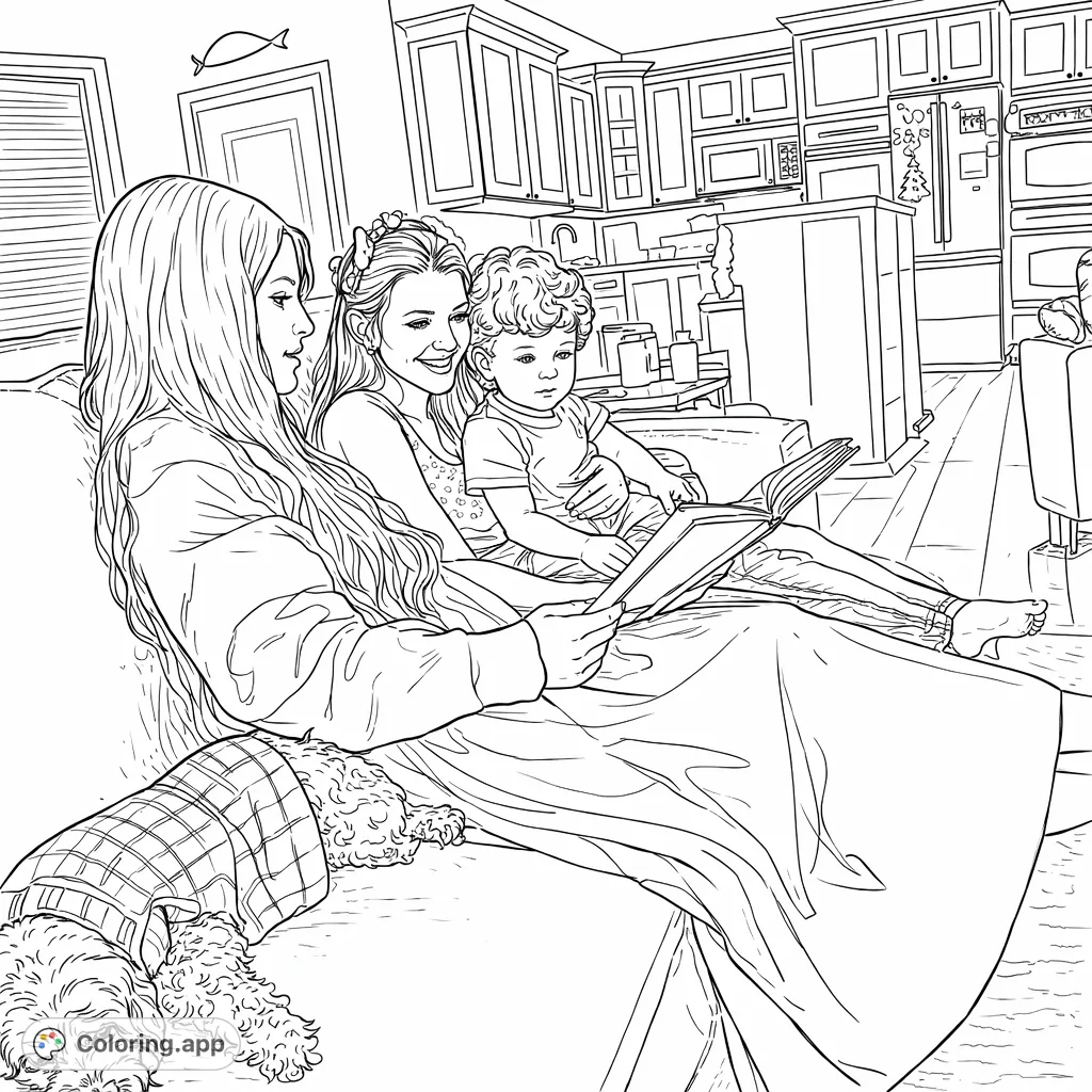 A heartwarming family story time scene with two women, a child, and a small dog on a sofa. Perfect for capturing moments of togetherness and imagination.