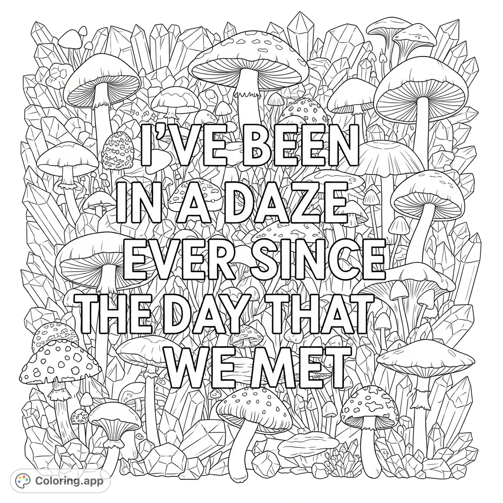 A fantastical scene featuring the quote "I’ve been in a daze ever since the day that we met" surrounded by an abundance of intricate mushrooms and sparkling crystals.