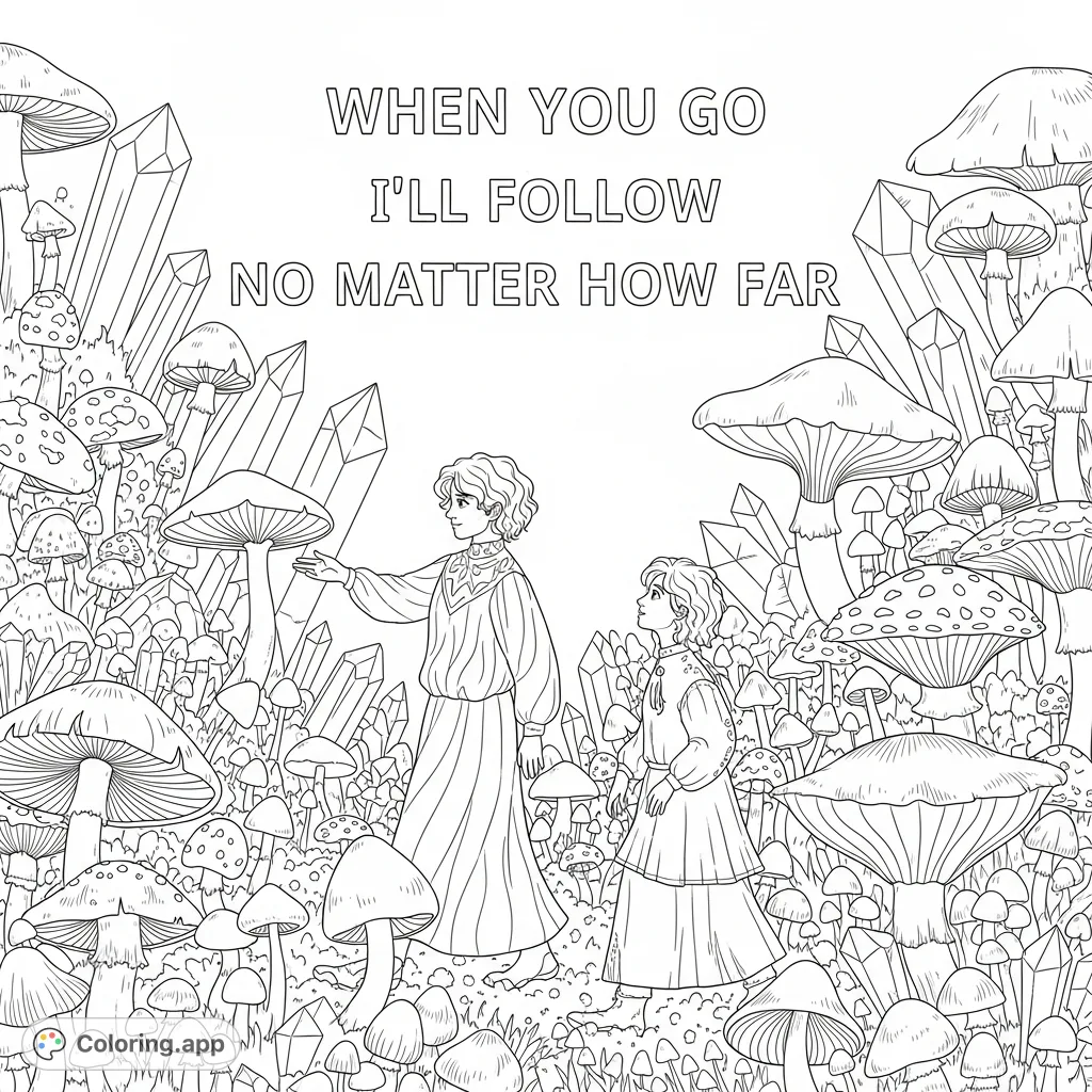 Embark on a magical journey through an enchanted forest, filled with whimsical figures, towering mushrooms, and sparkling crystals, alongside a meaningful quote.