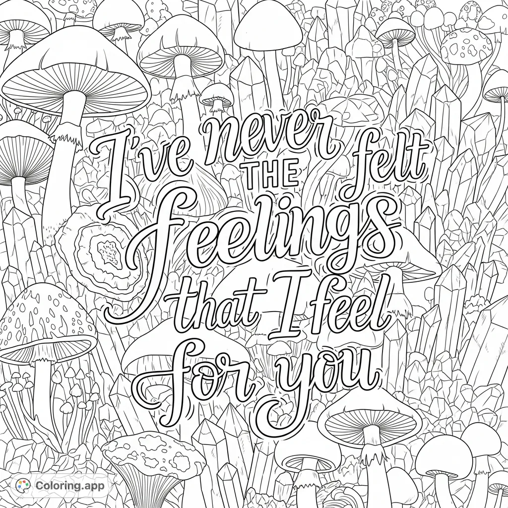 Discover a mystical mushroom and crystal coloring page, featuring the heartfelt lyric "I’ve never felt the feelings that I feel for you" intertwined with nature's beauty.