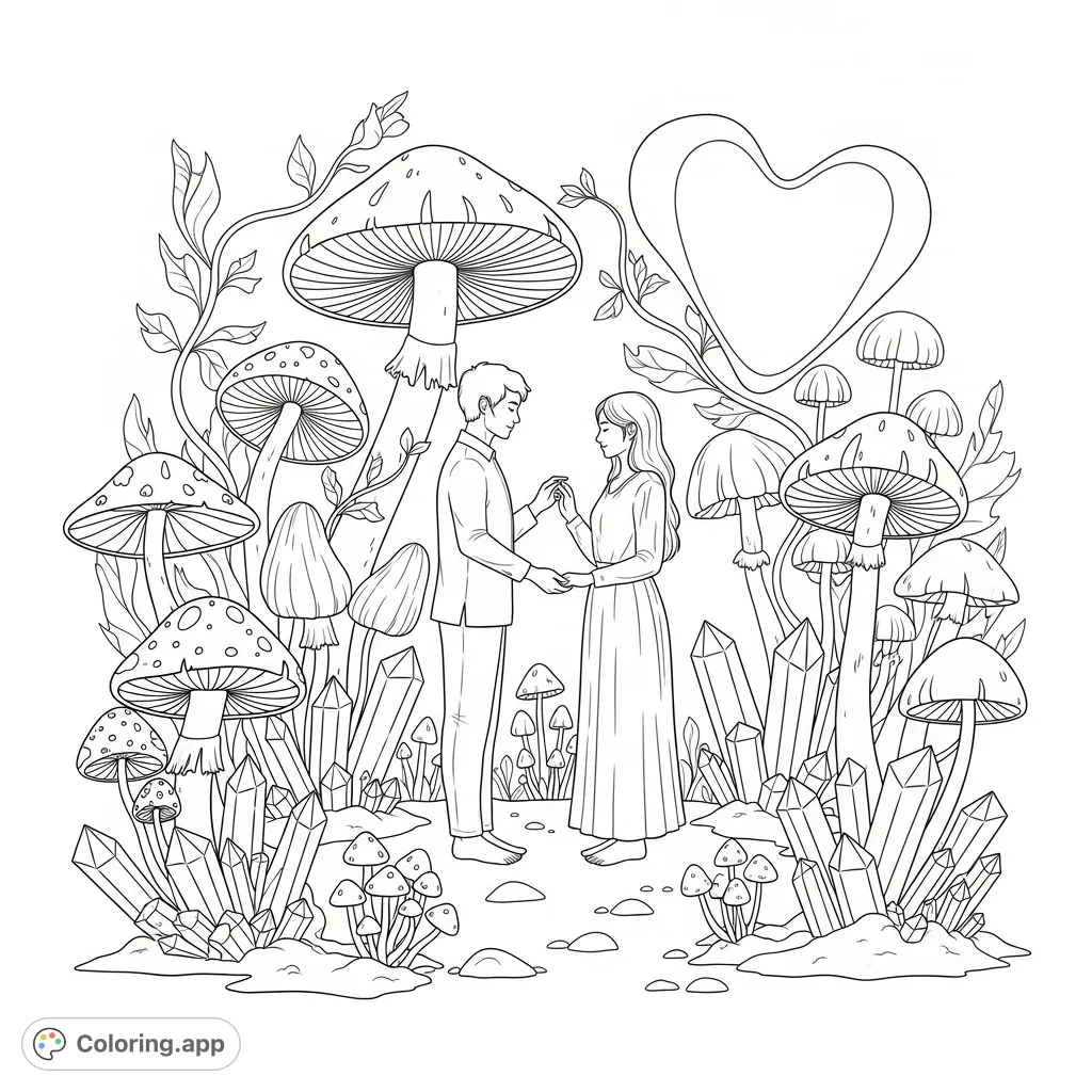 Discover an enchanting scene with intertwined figures, mystical mushrooms, and sparkling crystals, symbolizing an eternal bond. A calming creative escape.