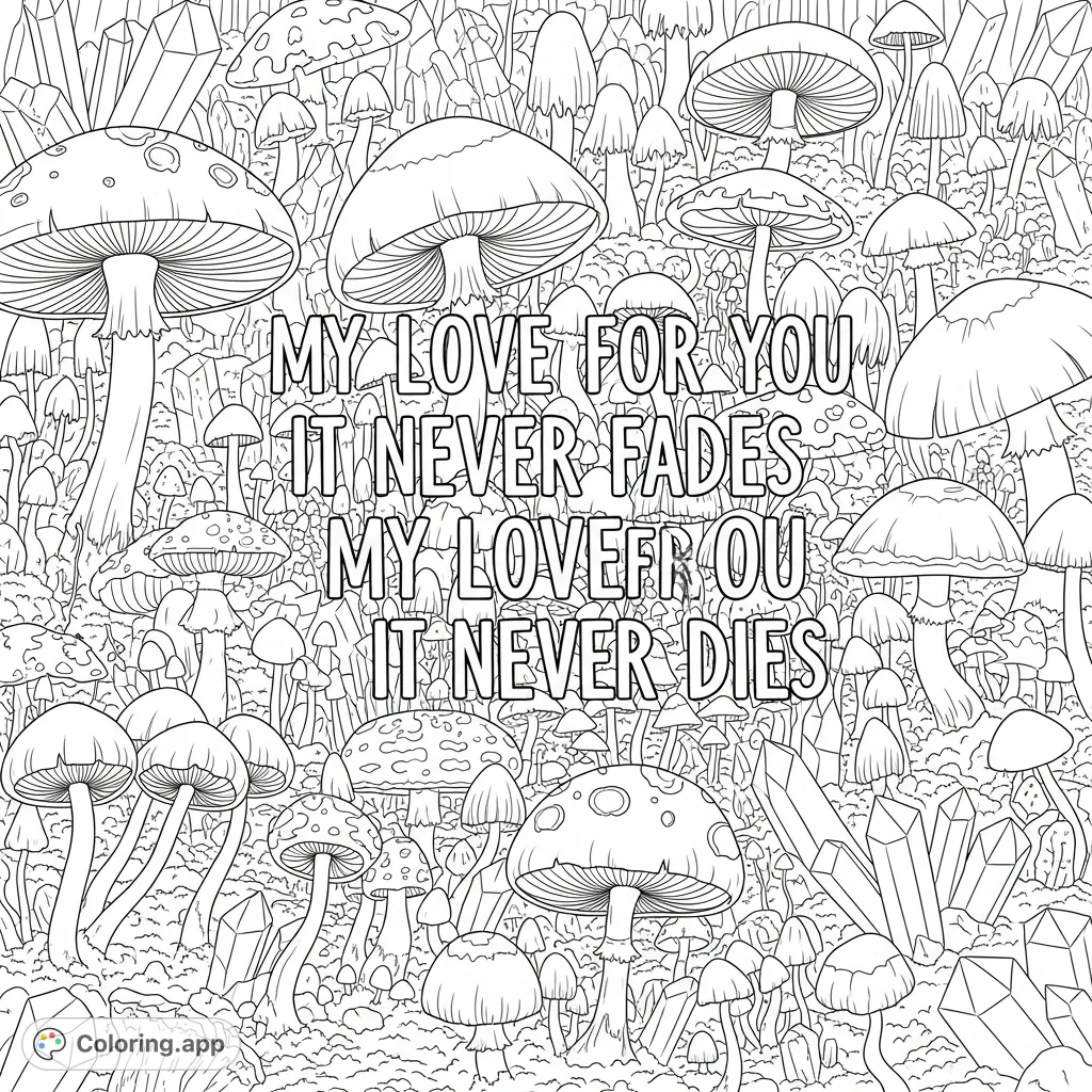 A mystical coloring page with the quote "My love for you it never fades my love for you it never dies" amidst an intricate backdrop of mushrooms and crystals.