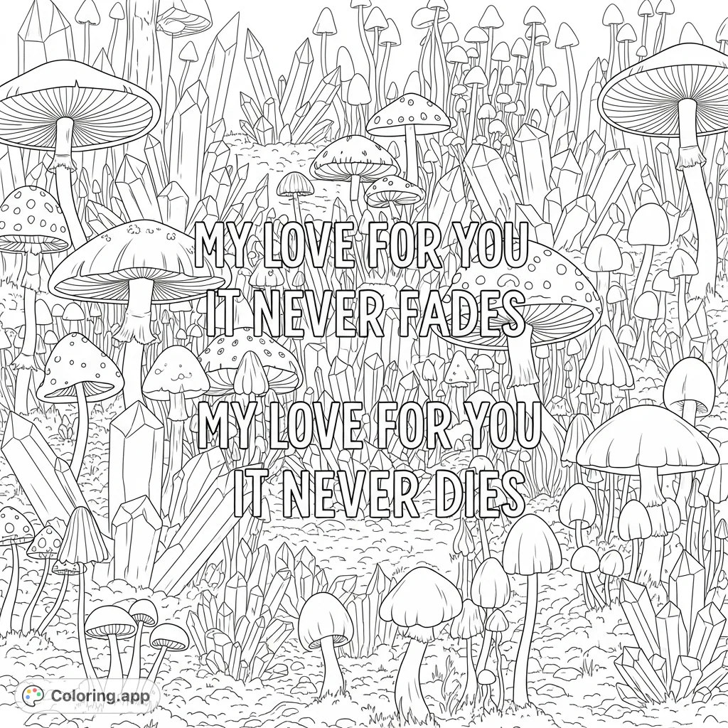 An enchanting crystal forest where towering mushrooms and shimmering crystals frame the heartfelt message "My love for you it never fades my love for you it never dies."