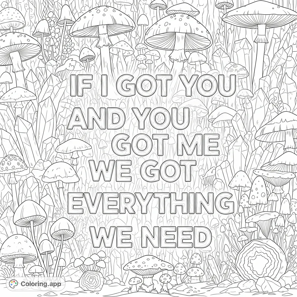 An enchanting forest scene featuring the inspiring quote "If I got you and you got me we got everything we need" amidst whimsical mushrooms and sparkling crystals. A magical nature-themed coloring page.