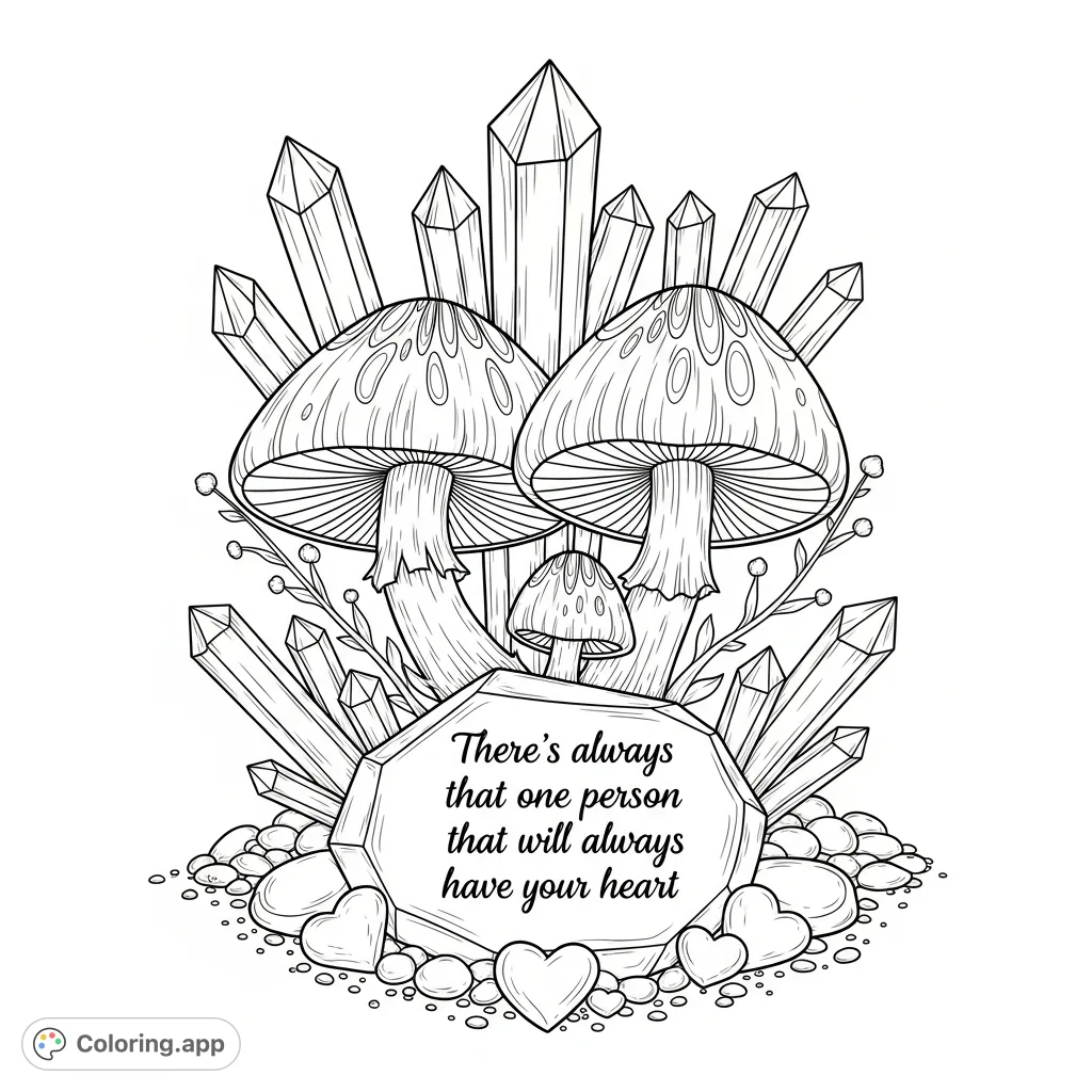 Explore a whimsical scene of intertwining mushrooms and radiant crystals, symbolizing enduring affection. A perfect blend of nature's magic and heartfelt sentiment.