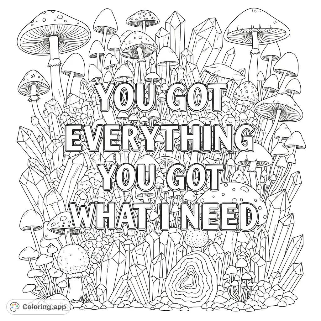 Discover a unique lyric coloring page featuring stylized text intertwined with a rich tapestry of whimsical mushrooms and sparkling crystals. Perfect for reflection!