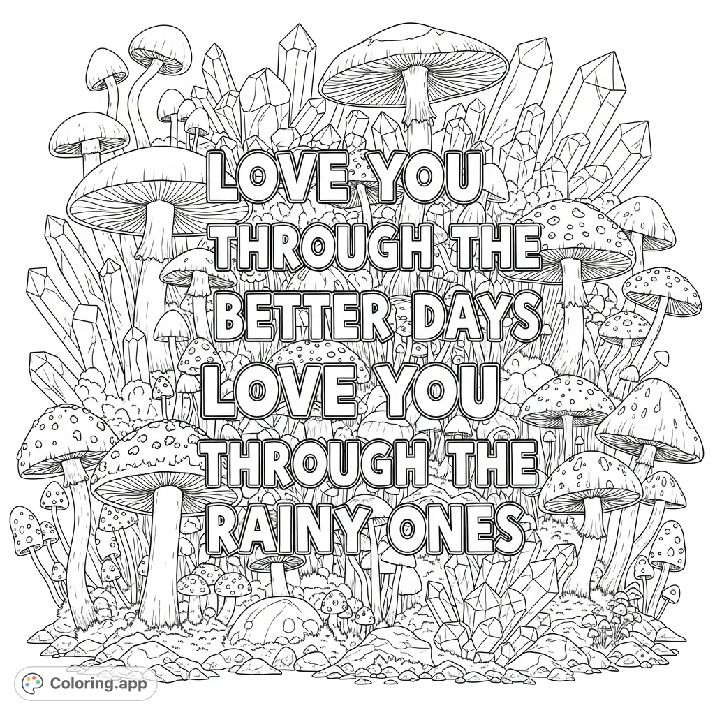 An enchanting scene with the heartfelt lyrics "love you through the better days love you through the rainy ones" amidst a dense, magical forest of mushrooms and sparkling crystals.